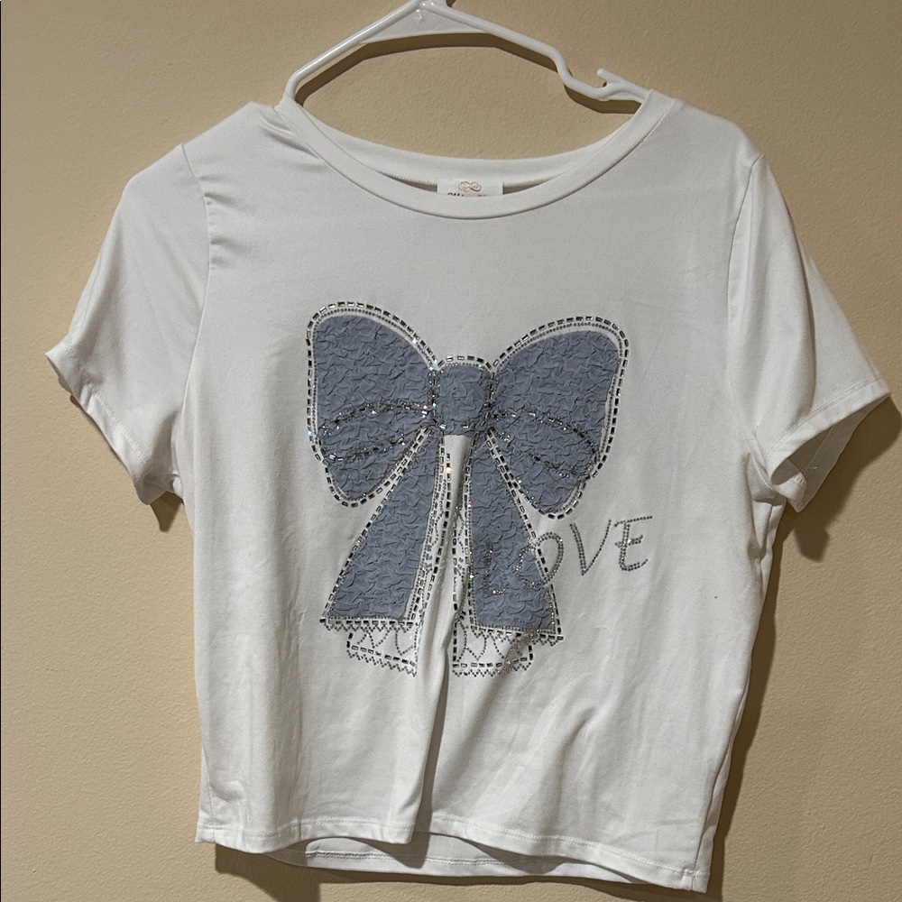 White T-Shirt with Blue Bow Design